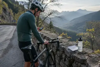 Lone cyclist pausing on a mountain hairpin to stop his bike timer, suggesting deliberate limits and self-control.