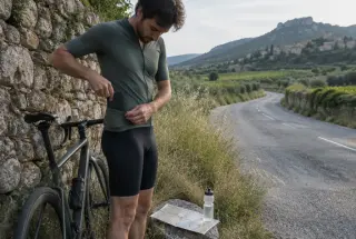Cycliste solitaire faisant une pause au bord d’une route provençale, son vélo appuyé contre un mur et son téléphone rangé dans sa poche.