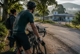 Exhausted cyclist pauses beside a rural road near a modest community clinic while a companion waits nearby.